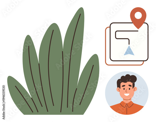 Navigation, travel apps, route planning, GPS, location services, nature interaction. Illustration a map path with a pinpoint, leafy greenery and a smiling man. Navigation and travel apps concept