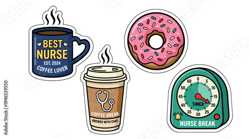 Cartoon stickers featuring nurse-themed coffee mugs, a disposable coffee cup with a stethoscope, a pink frosted donut, and a green kitchen timer for a nurse break.