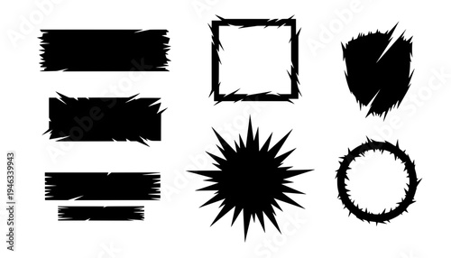 Set of black spiky bursts, slashed shield, jagged edge circle frame, and torn blank banners. Perfect for aggressive gaming UI, comic labels or tags