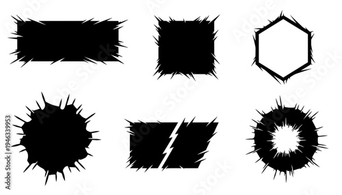 Set of black spiky solid geometric shapes, slashed rectangle banner, and comic burst frames. Perfect for edgy gaming UI, manga tags, and text boxes