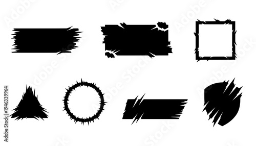 Set of black slashed shield, torn brush stroke banners, and rough geometric shapes. Perfect for grunge text boxes, edgy gaming UI or comic labels
