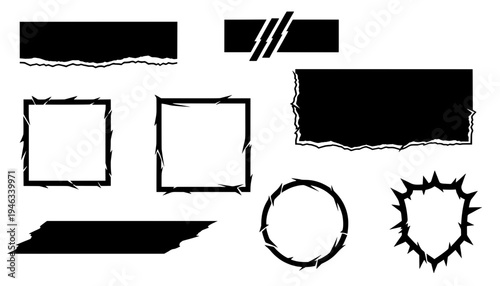 Set of black slashed geometric empty frames, spiky shield borders and solid torn paper banners. Ideal for aggressive gaming UI or grunge text labels