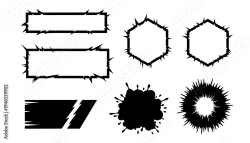 Set of black and white jagged edge blank text boxes, frames, splash, and explosion shapes. Perfect for comic style speech bubbles or grunge labels