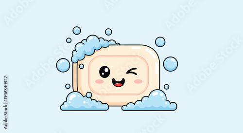 Cute animated bar of soap with a cheerful winking face and rosy cheeks is surrounded by many blue bubbles on a light blue background for bath time.