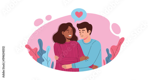 Loving interracial couple shares a warm embrace inside a pink oval frame with a heart speech bubble and colorful plants in the background design.