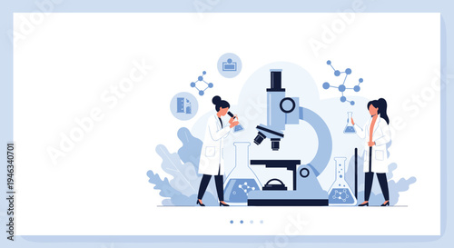 Two female scientists in white coats conduct research in a modern laboratory using a large microscope and various glass beakers for experiments.