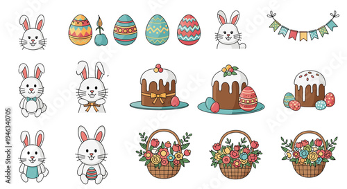 Easter holiday collection features cute white bunnies, colorful decorated eggs, traditional cakes, flower baskets, and festive party bunting flags.
