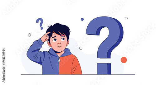 Young boy looks thoughtful and confused while scratching his head next to a giant blue question mark, representing curiosity or solving a puzzle.