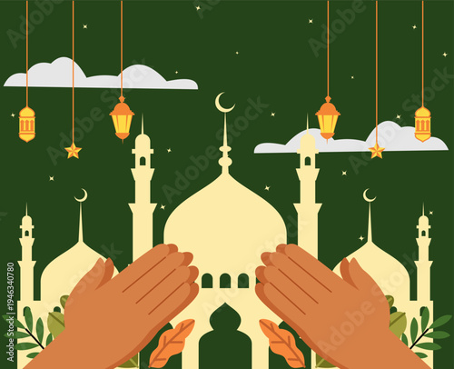 illustration of hands with greeting gestures. purity ramadan muslim prayer. islamic celebration template. hari raya idul fitri