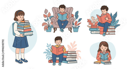 Set of young children enjoying reading books in different poses including sitting on an armchair and standing with a stack of books.