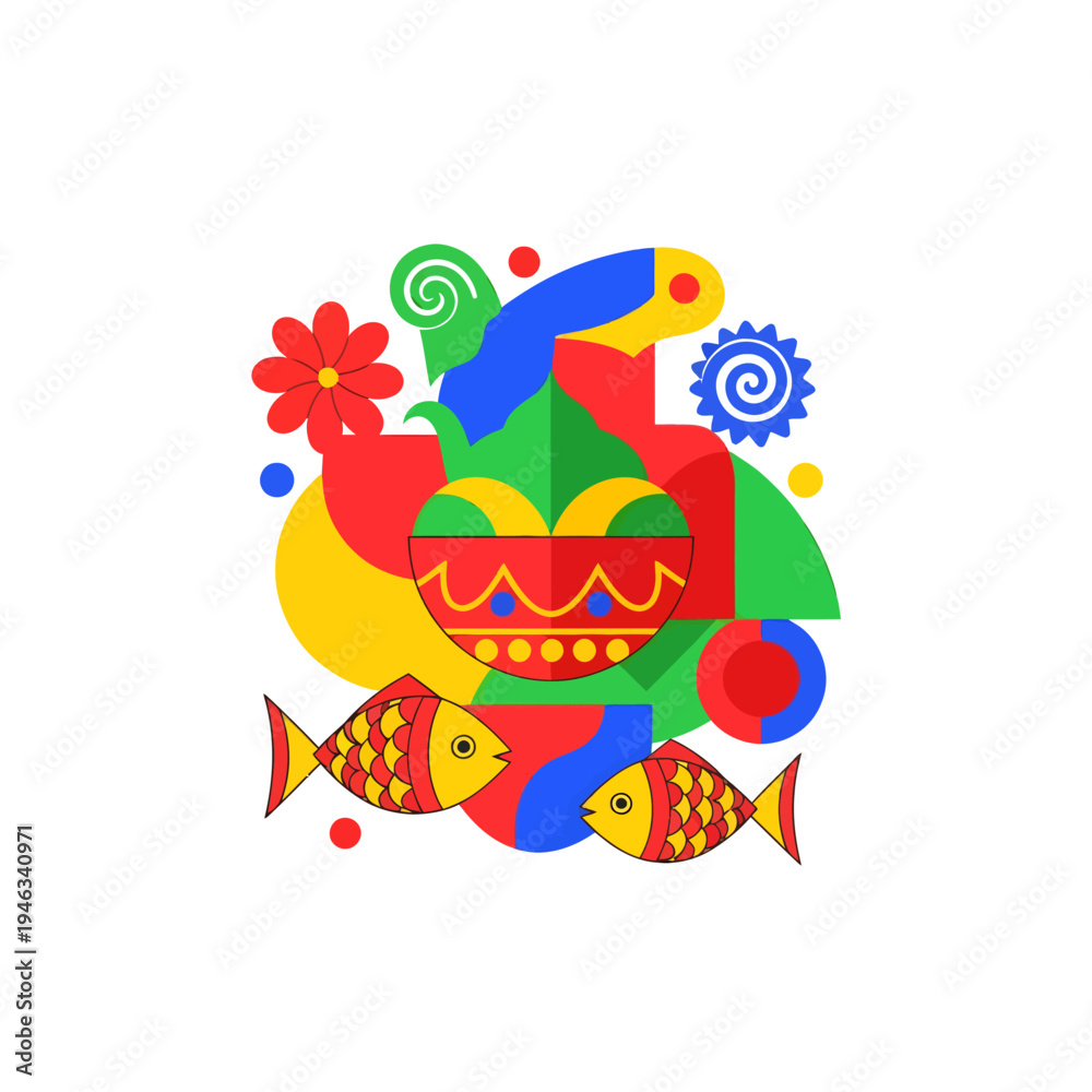 Fototapeta premium Vibrant Bengali New Year celebration illustration with fish, flowers, and abstract shapes