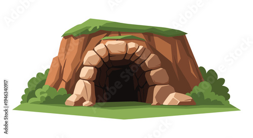 Illustration of a large rocky cave entrance surrounded by green grass and bushes in a natural outdoor landscape.
