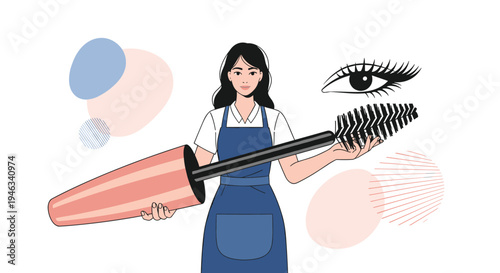 Professional makeup artist wearing an apron and holding a giant mascara wand next to a large stylized eye illustration.