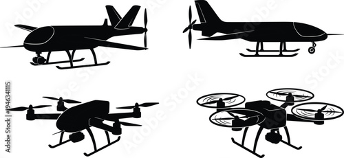 Drone and UAV aerial vehicles with camera quadcopter surveillance technology flying aircraft vector illustration set isolated