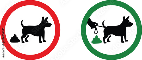 Dog poop prohibition and cleaning sign, pet waste rule symbol, no dog feces warning and responsible cleanup vector illustration