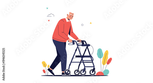 Elderly man using a four wheeled walker to assist with mobility while walking in an outdoor setting with colorful plants.