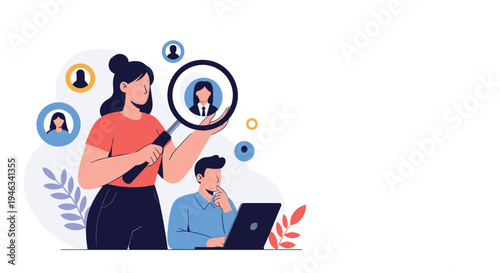 Human resources professional using a magnifying glass to search for potential job candidates across digital profiles.