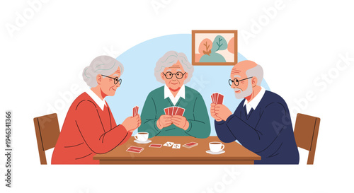 Group of three senior people sitting around a table drinking coffee and enjoying a game of cards together.