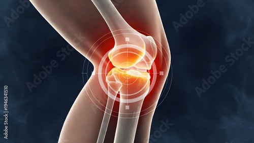 Knee joint anatomy with localized inflammation and pain target. Orthopedic health and medical diagnosis. 3D rendering of a human leg showing painful skeletal joint structure