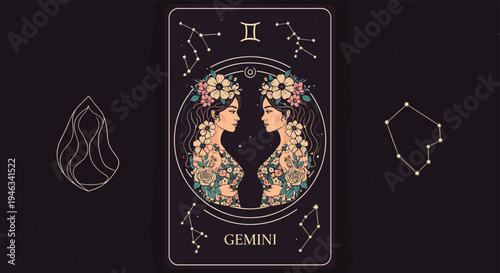 Stylized Gemini tarot card illustration featuring twin women with flowers in their hair surrounded by stars and constellations.