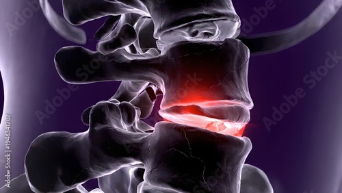 Spinal cord injury and degenerative disc disease illustration. Vertebral column inflammation and chronic pain. 3D skeletal view of glowing red lesion in the human back bones
