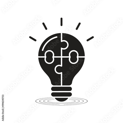 Minimal line icon, light bulb split into puzzle pieces, representing innovation, problem solving, critical thinking, solution design, creative workflow concept.