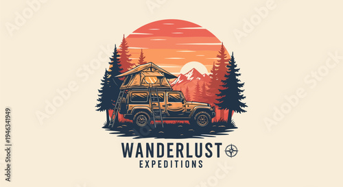 Off-road vehicle with rooftop tent in a wilderness setting at sunset.