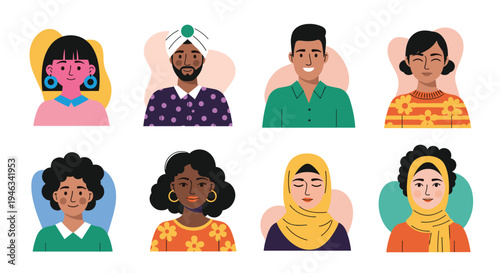 Set of eight diverse people avatars representing different ethnicities and styles in a modern flat vector illustration.