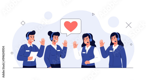 Customer Service Team with Heart Icon, Happy Call Center Agents Waving