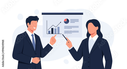 Business meeting: man and woman presenting financial charts on a whiteboard