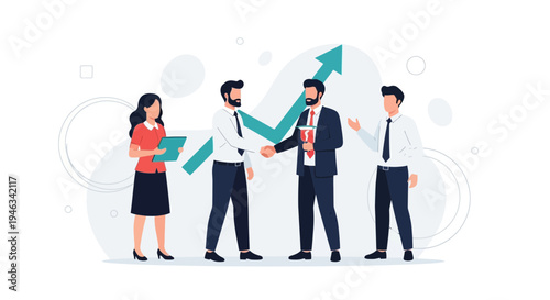 Business people shaking hands, celebrating success with growth chart and upward arrow.