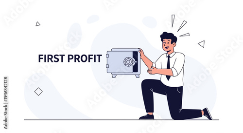 Businessman kneeling with first profit in safe, financial success concept