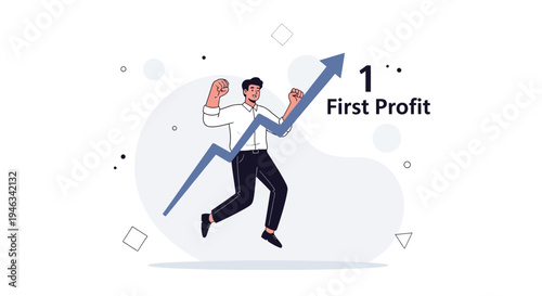 Man celebrating first profit with upward trending graph, business success concept