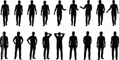 Vector Silhouette Illustration Set of Young Men Walking and Standing in Different Poses Isolated on White Background for Fashion Lifestyle and Graphic Design