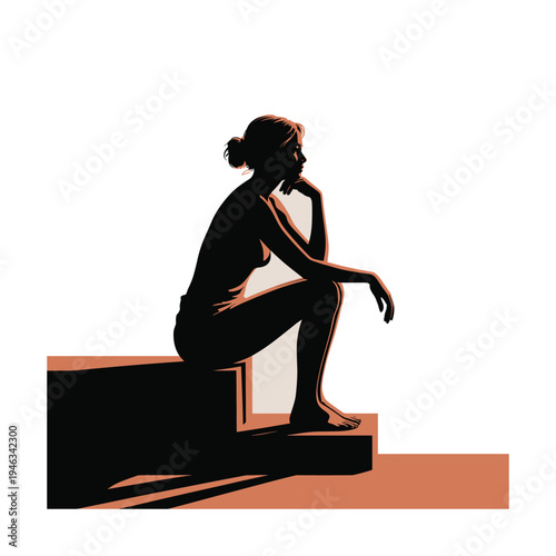 Thoughtful woman sitting on steps with hand on chin