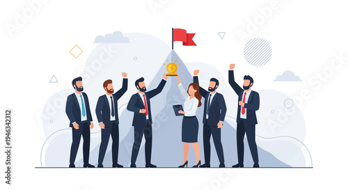 Team celebrating success on mountain peak with trophy and flag