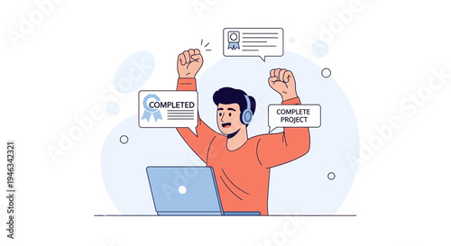 Man celebrates completing project with laptop and headphones, achievement concept