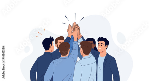 Diverse team celebrating success with high five, teamwork and achievement concept