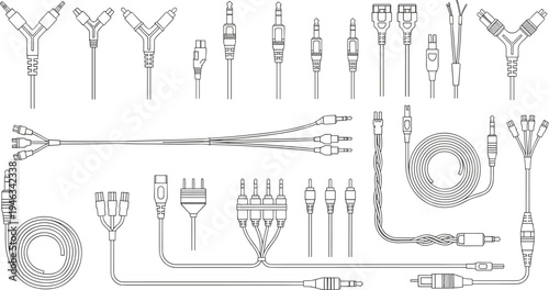 Technical Vector Illustration Set of Various Audio Cables Connectors Adapters Jack Plugs and Wire Components Isolated on White Background for Electronics and Sound Engineering Design