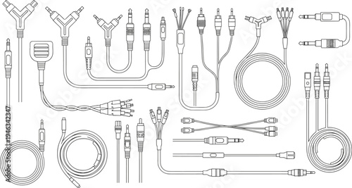 Technical Vector Illustration Set of Various Audio Cables Connectors Adapters Jack Plugs and Wire Components Isolated on White Background for Electronics and Sound Engineering Design