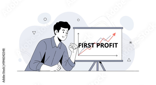 Man celebrating first profit with upward trending graph on whiteboard