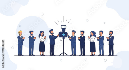 Team Applauding Photographer Taking Picture with Flashing Camera on Tripod