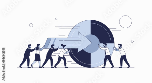 Teamwork pushing a large arrow into a circular target, business strategy and collaboration concept