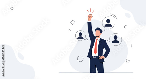 Successful businessman raising fist in victory, surrounded by team icons, business concept