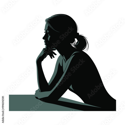 Thoughtful woman in contemplative pose with hand on chin