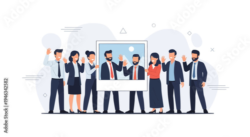 Diverse Business Team Waving Hello, Holding a Photo of Two Colleagues