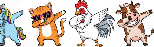 Set of Cute Cartoon Animals Doing Dab Dance Move Including Rainbow Unicorn Ginger Cat White Rooster and Spotted Cow for Kids Graphic Design