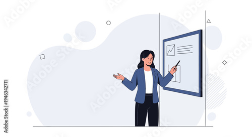 Businesswoman presenting on a whiteboard, modern flat illustration, professional meeting concept