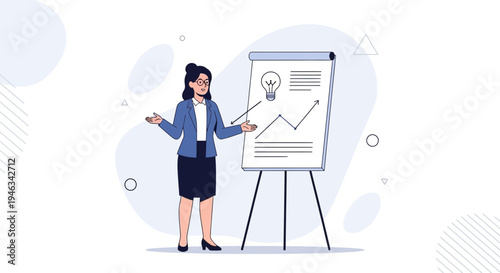 Businesswoman presenting growth chart and idea lightbulb on flip chart