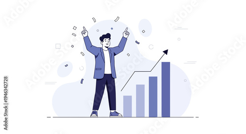 Man celebrating success with rising graph and confetti, business growth concept